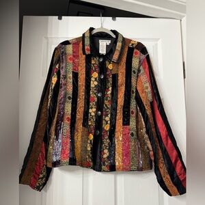 Vntg Coldwater Creek Patchwork Velvet‎ Sequin Jacket L Art to Wear Boho Tapestry